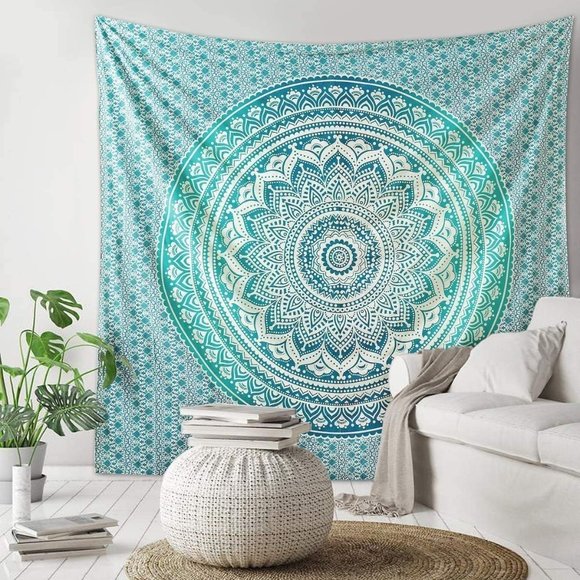 Queen Size Tapestry & Two Bed Pillow Covers SET Green Teal Blue NEW - Picture 5 of 8